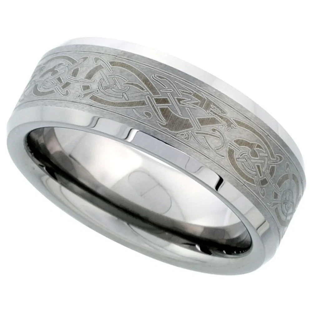 8mm Tungsten Wedding Band Etched Celtic Dragon men